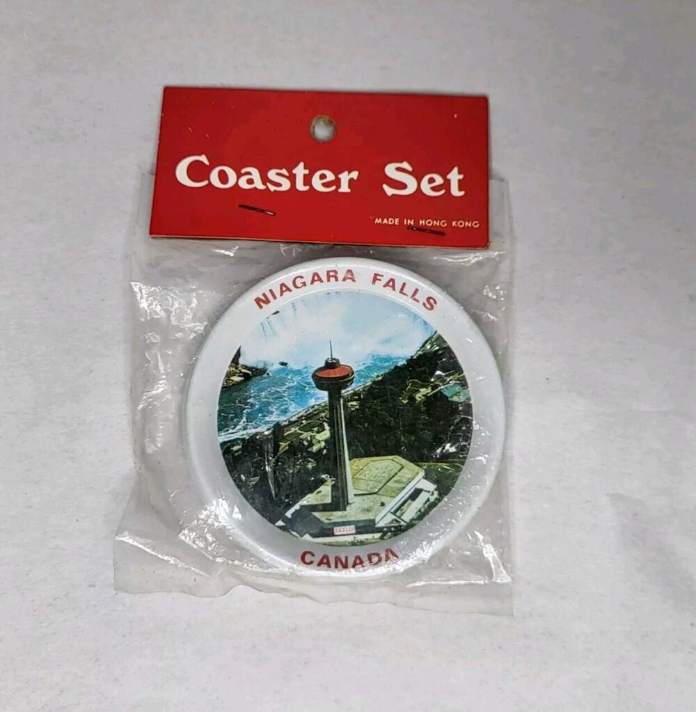 Vintage Tin Niagara Falls Canada Skylon Tower Souvenir 4 Coaster Set - Hong Kong